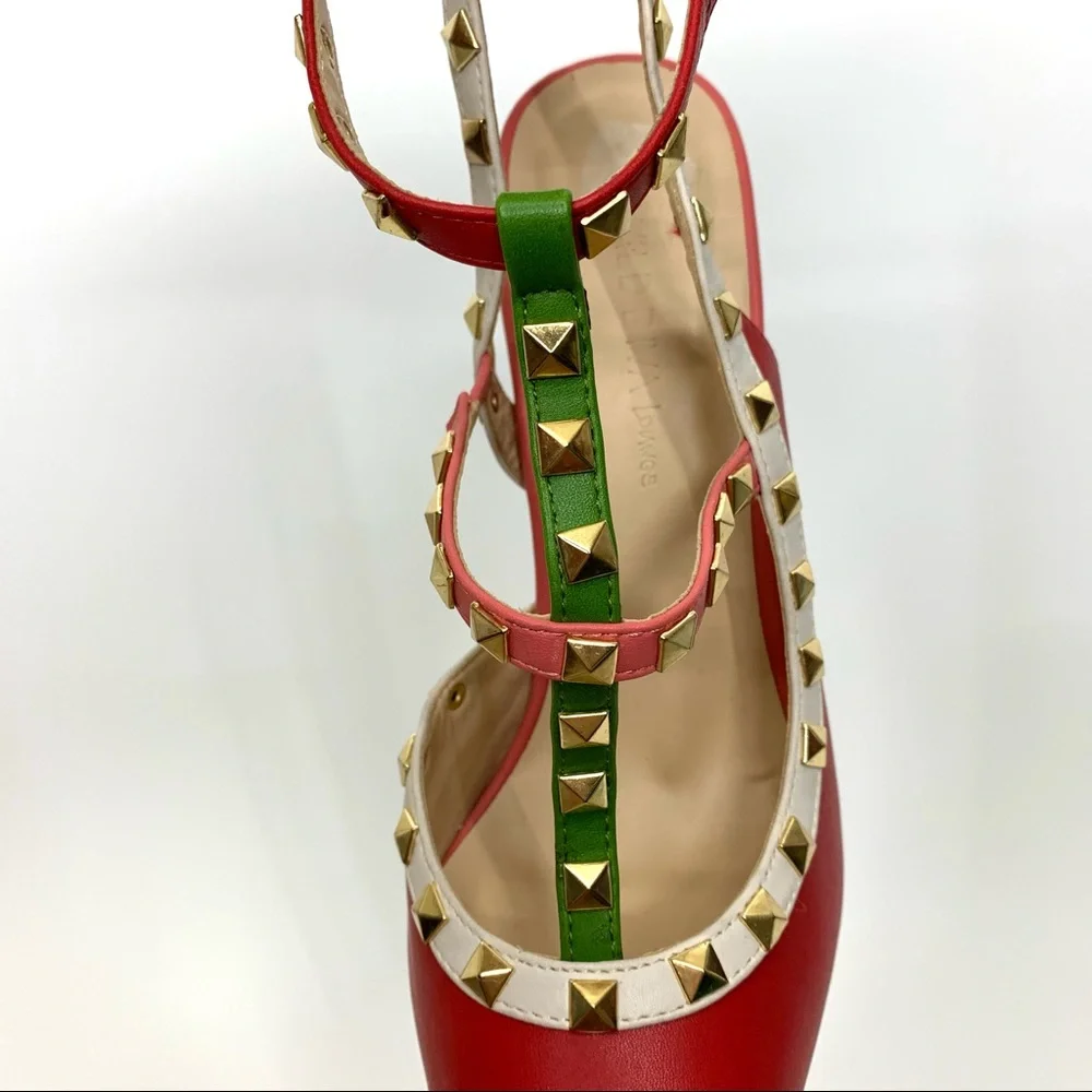 Wild Diva Lounge Red Pink Green White Colorblock Gold Studded T-Strap High Heels